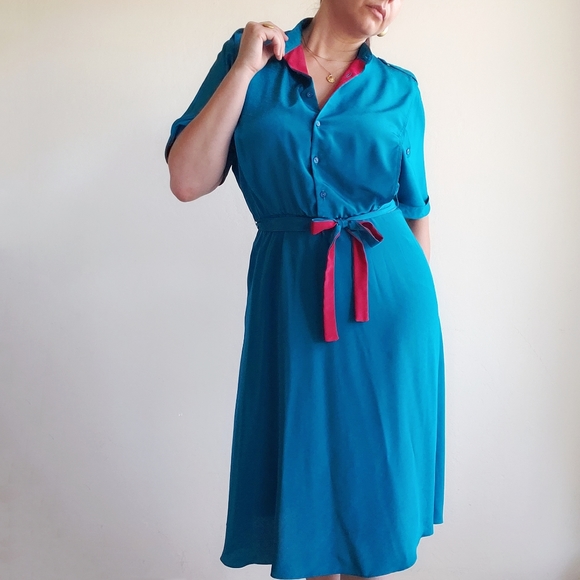 Vintage 80's Blouson Midi Dress 7/8 Turquoise - Picture 2 of 12